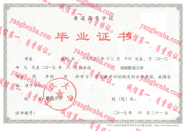 重庆大学毕业证样本