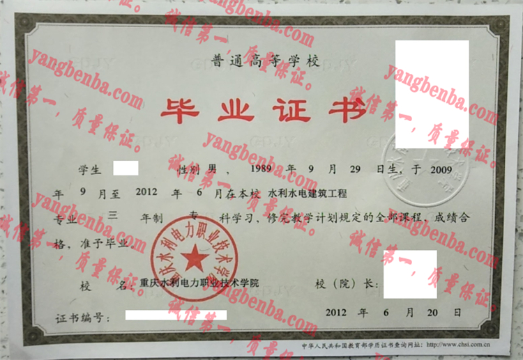 重庆水利电力职业技术学院毕业证样本