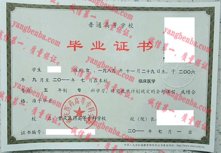 重庆医药高等专科学校毕业证样本