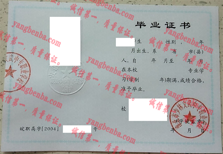 淮北市少林文武中专职业学校毕业证样本