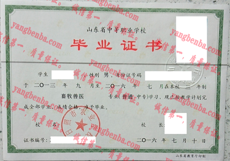 日照市农业学校毕业证样本