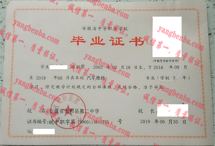 安徽省太和县第二中学毕业证样本