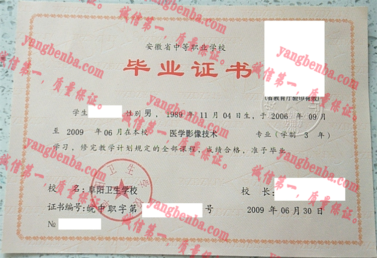 阜阳卫生学校毕业证样本