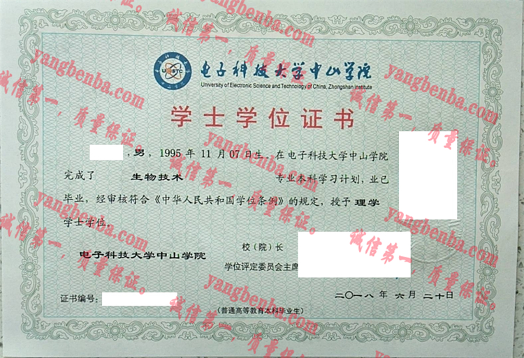 电子科技大学中山学院毕业证样本
