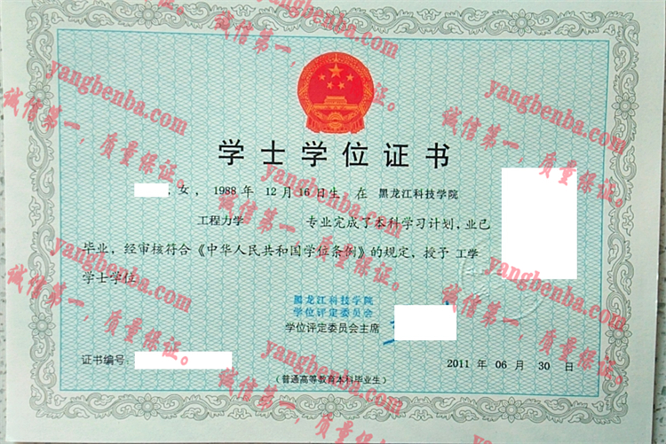 黑龙江科技学院毕业证样本