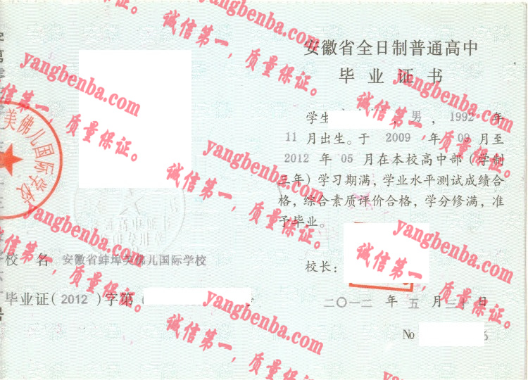 安徽省蚌埠美佛儿国际学校毕业证样本