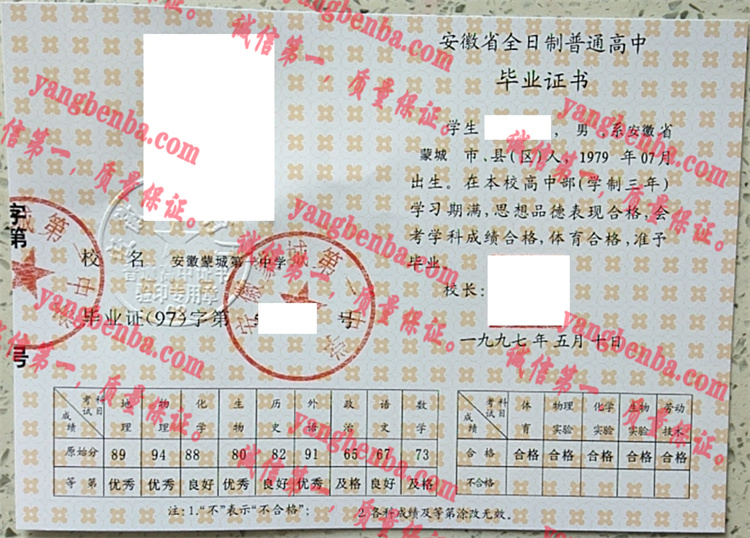 安徽蒙城第一中学毕业证样本