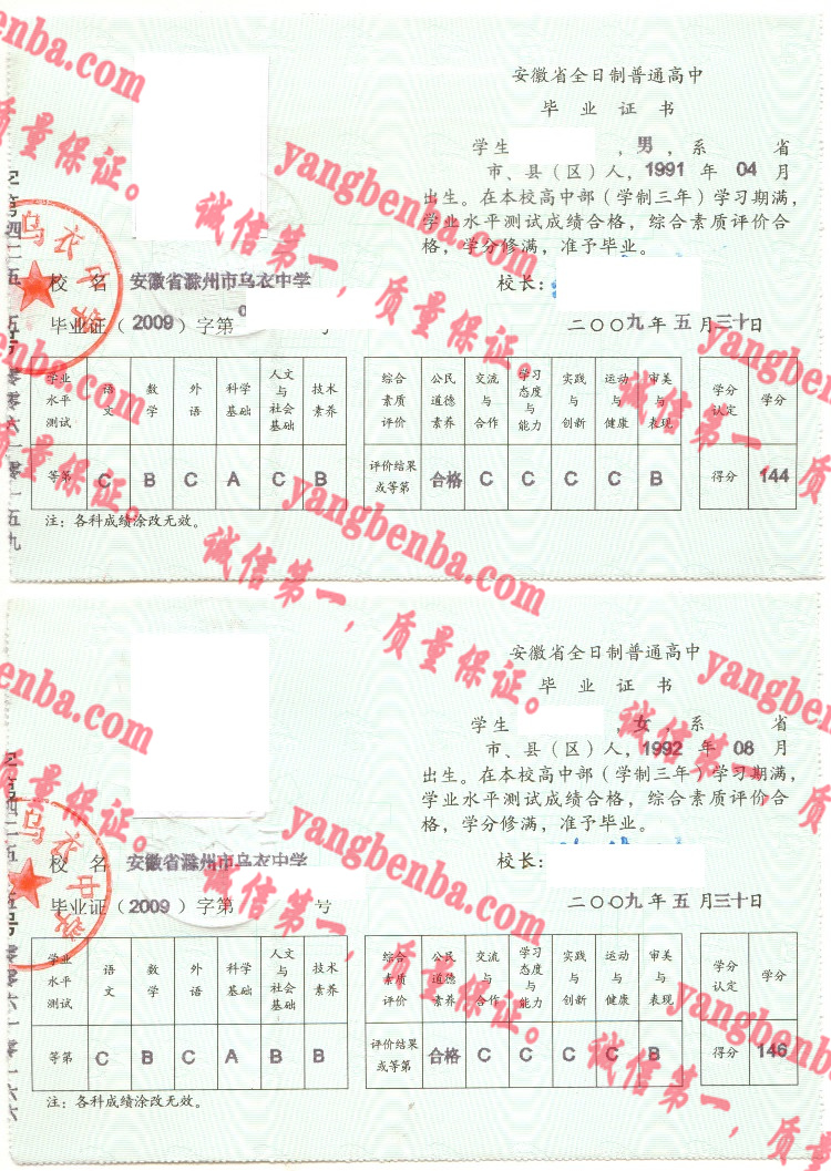 安徽省滁州市乌衣中学毕业证样本