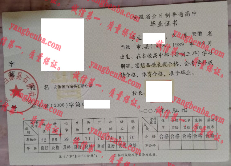 安徽省当涂县石桥中学毕业证样本