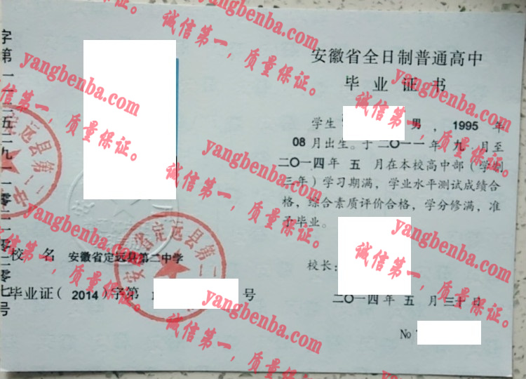 安徽省定远县第二中学毕业证样本