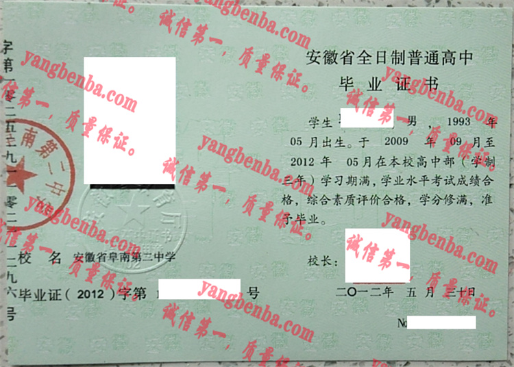 安徽省阜南第二中学毕业证样本