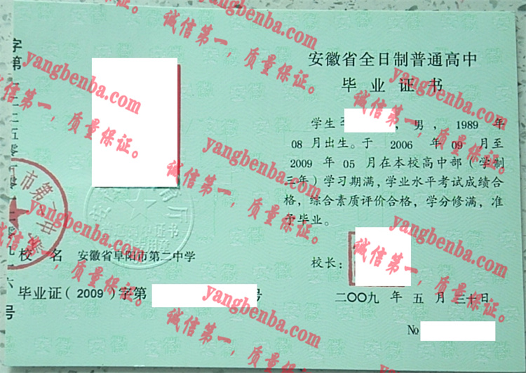 安徽省阜阳市第二中学毕业证样本