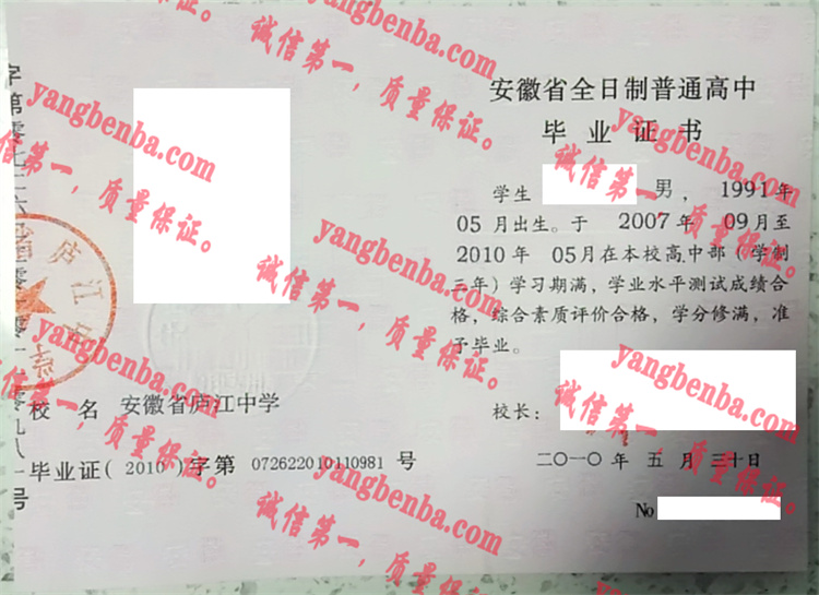 安徽省庐江中学毕业证样本