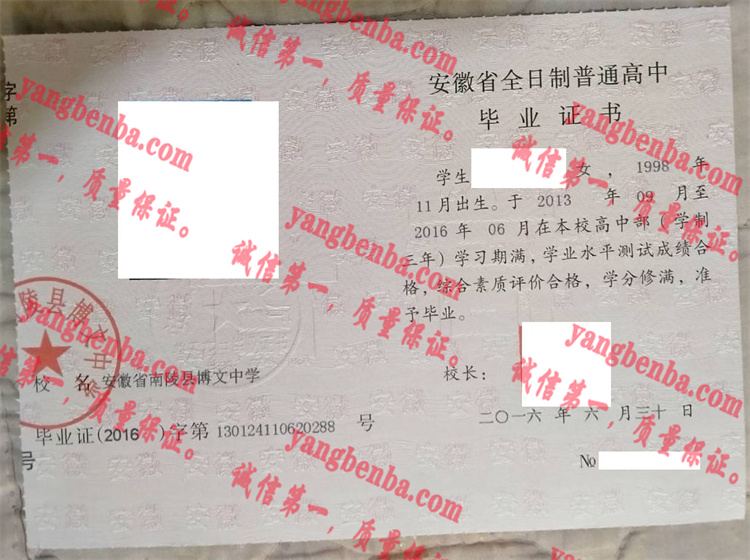 安徽省南陵县博文中学毕业证样本