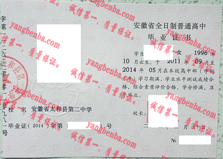 安徽省太和县第二中学毕业证样本