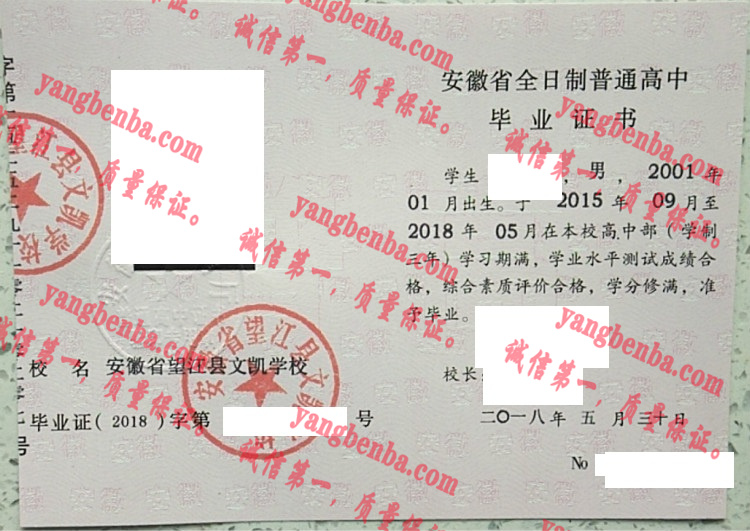 安徽省望江县文凯学校毕业证样本
