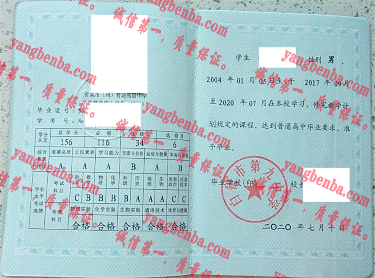 白银市第九中学毕业证样本