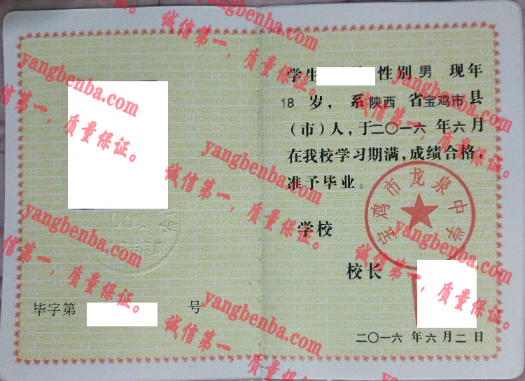 宝鸡市龙泉中学毕业证样本