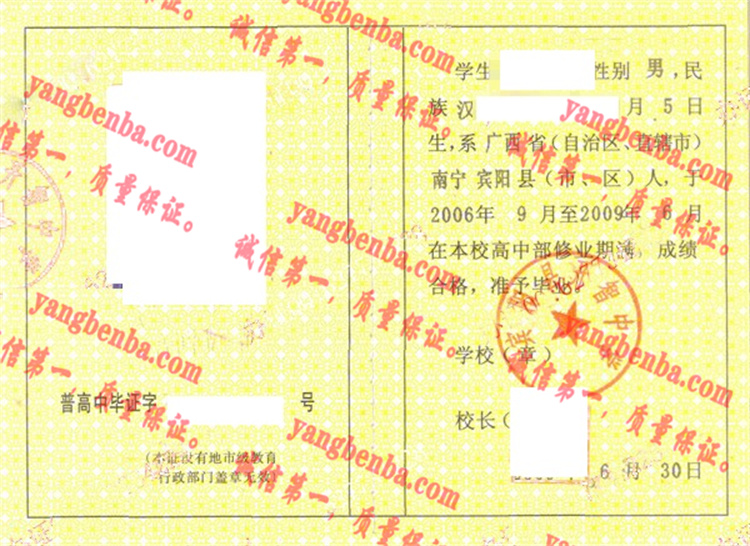 宾阳县开智中学毕业证样本