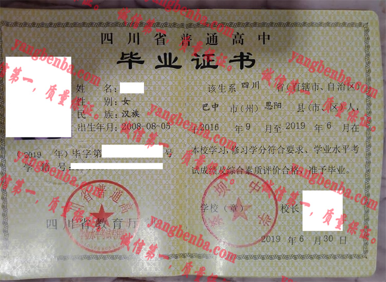 茶坝中学毕业证样本