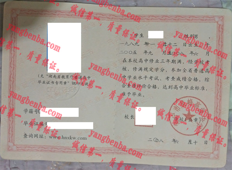 常宁市泉峰高级中学毕业证样本