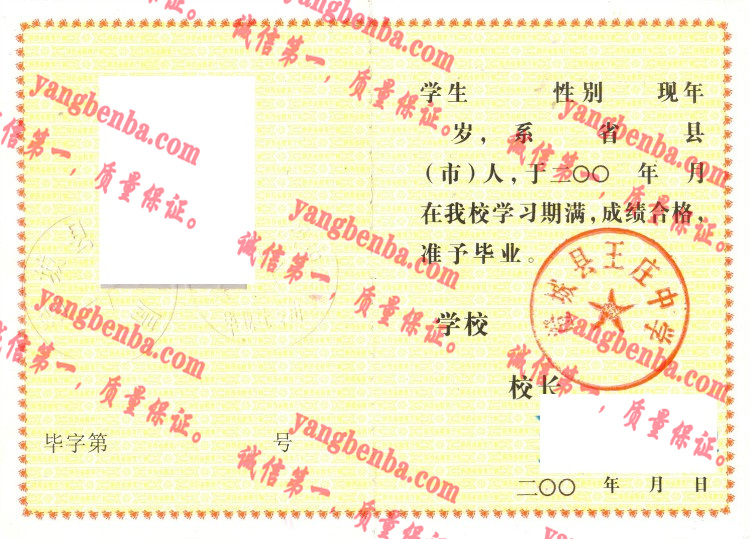 澄城县王庄中学毕业证样本