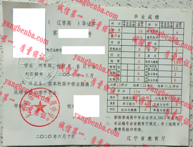 大石桥市第二高级中学毕业证样本