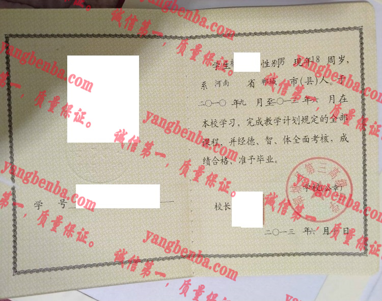 郸城县第三高级中学毕业证样本