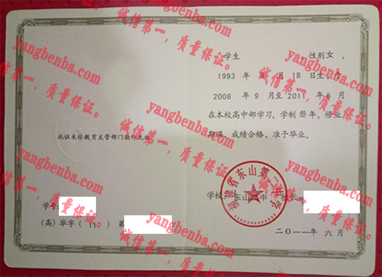 福建省东山第二中学毕业证样本