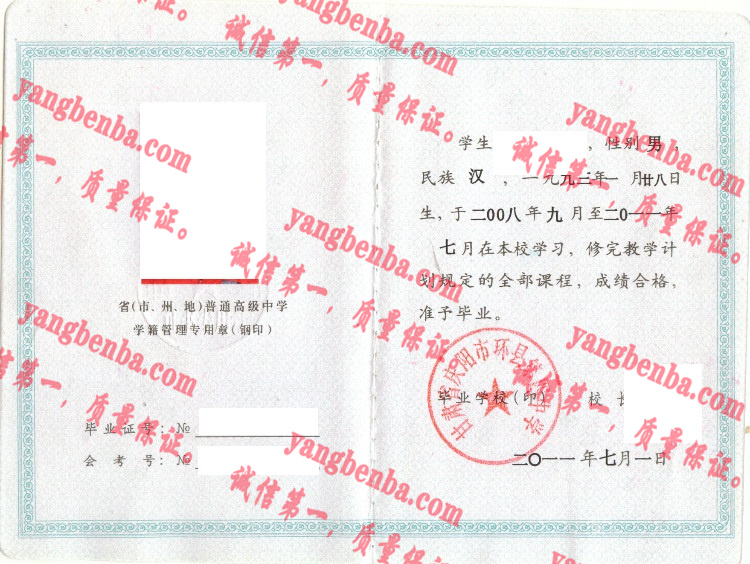 甘肃省庆阳市环县第四中学毕业证样本