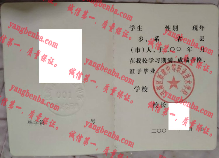 汉滨区新建中等职业技术学校毕业证样本
