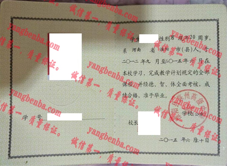 淮阳县陈州高级中学毕业证样本