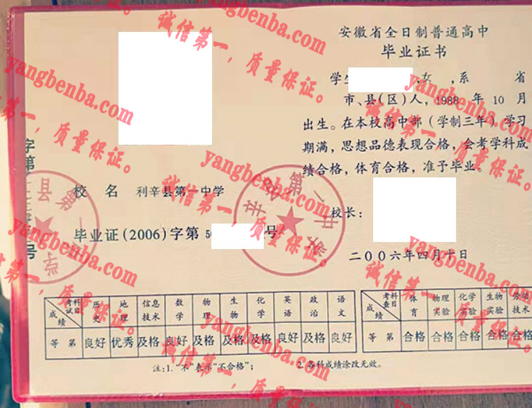 利辛县第一中学毕业证样本