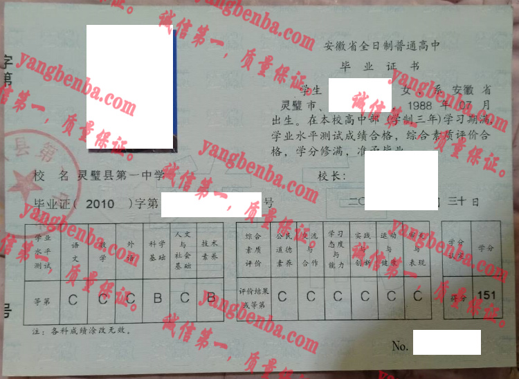 灵璧县第一中学毕业证样本