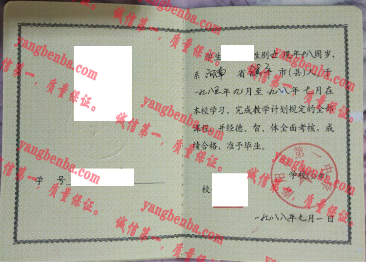 南阳市第一中学毕业证样本