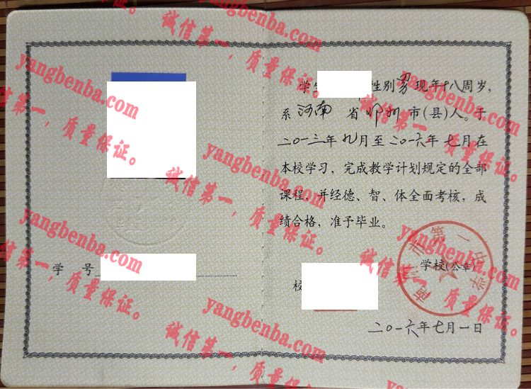 南阳市第一中学毕业证样本