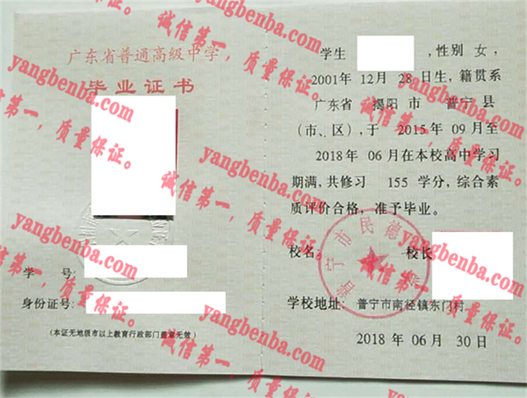 普宁市民德中学毕业证样本