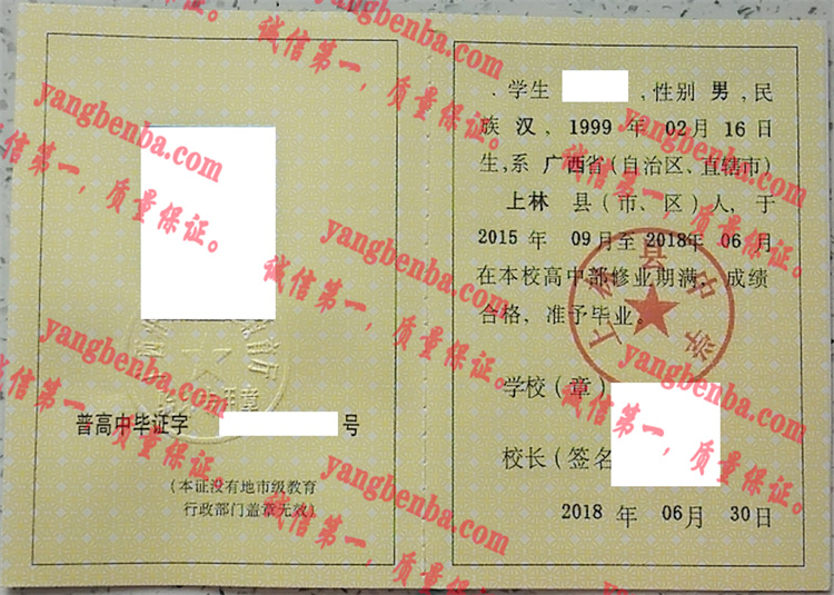 上林县中学毕业证样本