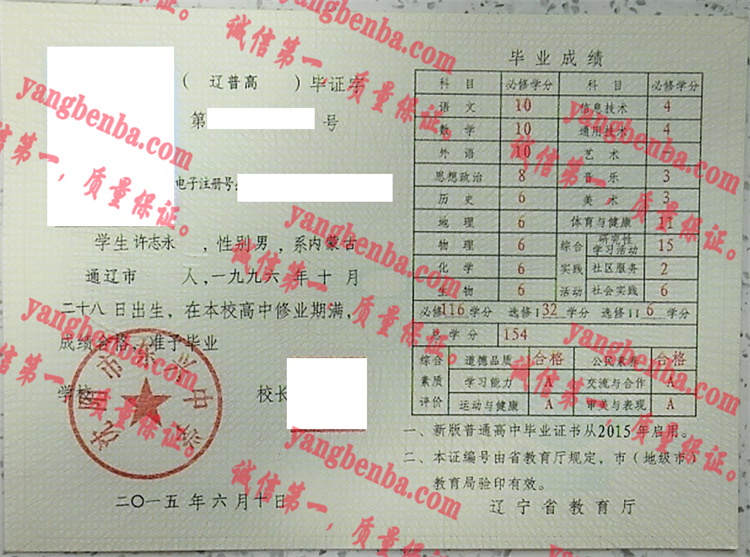 沈阳市东兴中学毕业证样本