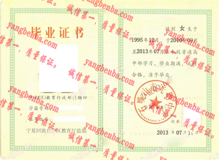 石嘴山市光明中学毕业证样本