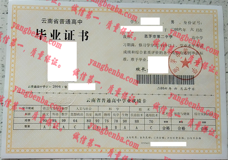 思茅市第二中学毕业证样本