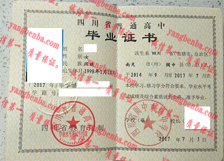 四川省阆中东风中学校毕业证样本