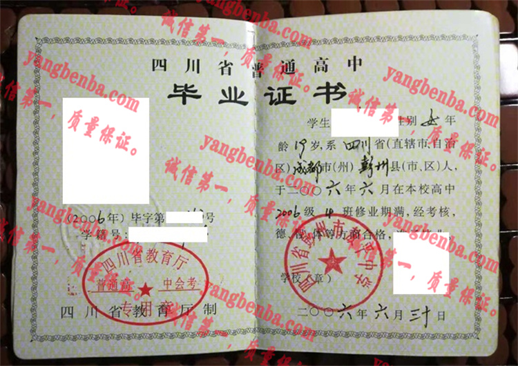 四川省彭州市敖平中学毕业证样本