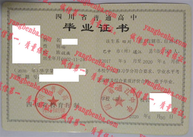 四川省通江中学毕业证样本