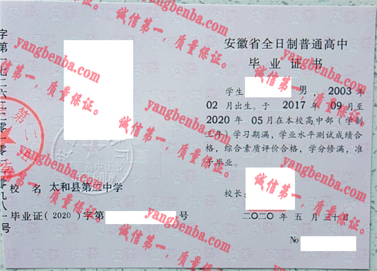 太和县第二中学毕业证样本