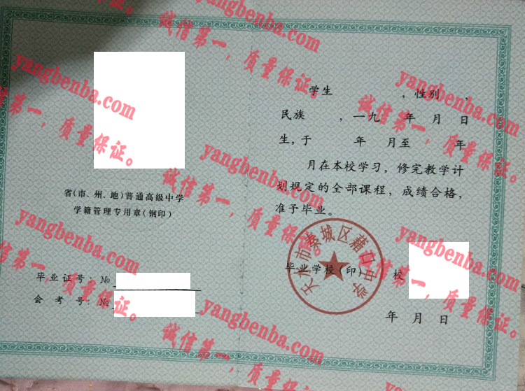 天水市秦城区耤口中学毕业证样本