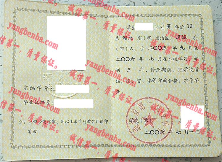 通城县第二高级中学毕业证样本