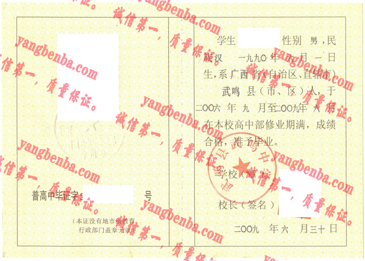 武呜县武呜中学毕业证样本