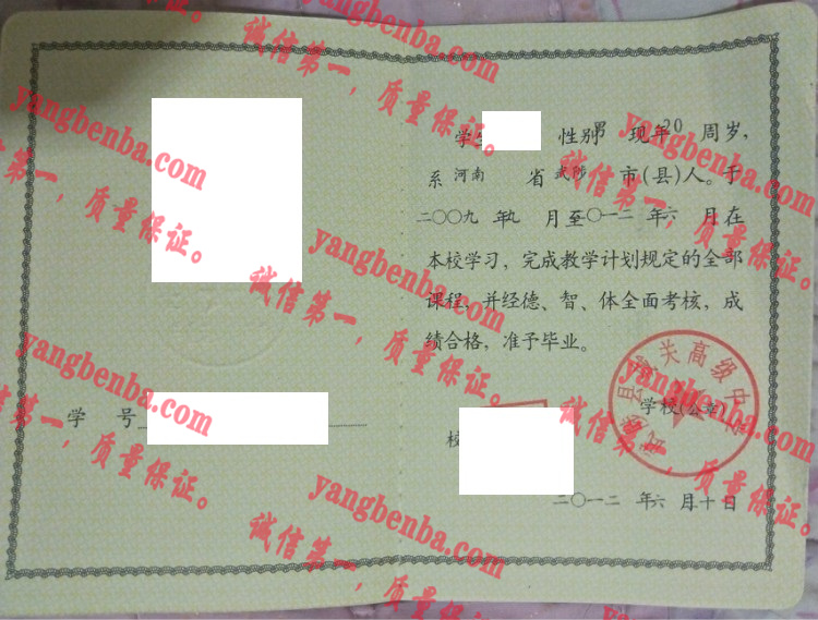 武陟县城关高级中学毕业证样本