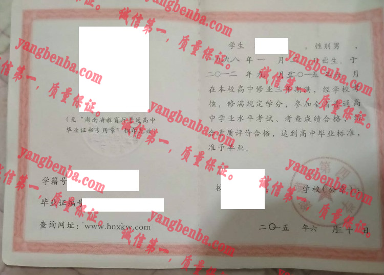 溆浦县第四中学毕业证样本